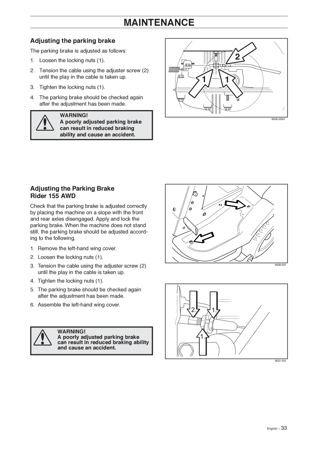 Husqvarna 155, 155 AWD manual Adjusting the parking brake, Adjusting the Parking Brake Rider 155 AWD 