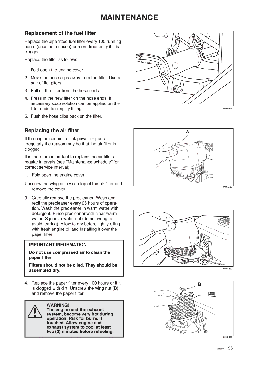 Husqvarna 155, 155 AWD manual Replacement of the fuel filter, Replacing the air filter 