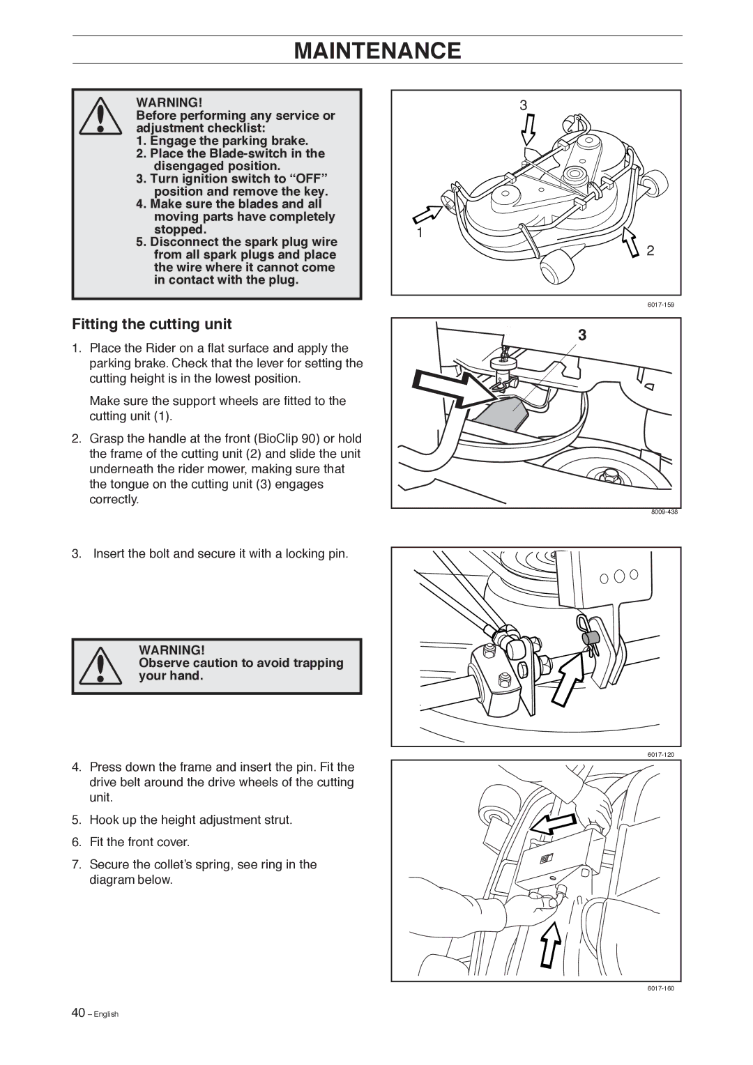 Husqvarna 155, 155 AWD manual Fitting the cutting unit, Observe caution to avoid trapping your hand 