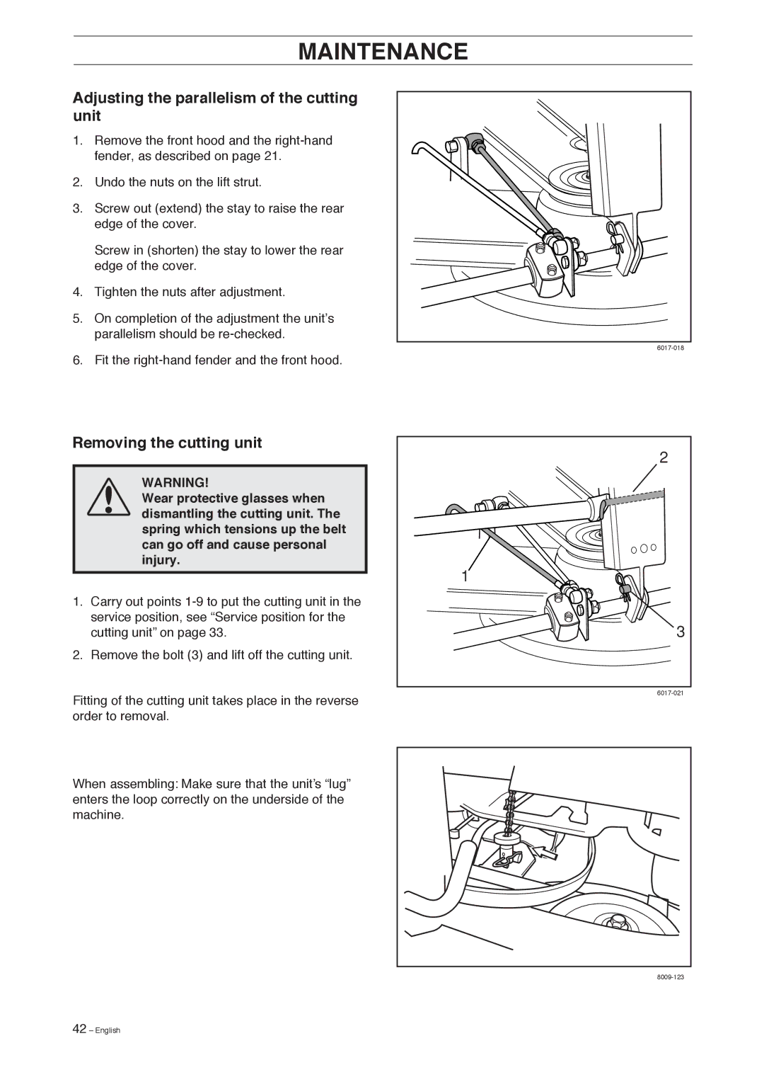 Husqvarna 155, 155 AWD manual Adjusting the parallelism of the cutting unit, Removing the cutting unit 