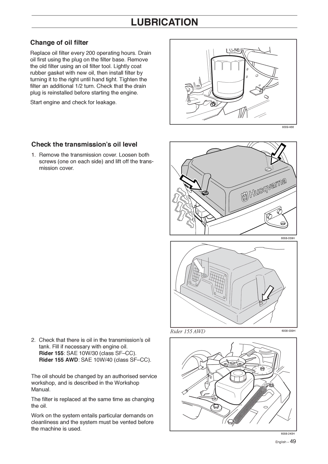 Husqvarna 155, 155 AWD manual Change of oil filter, Check the transmission’s oil level 