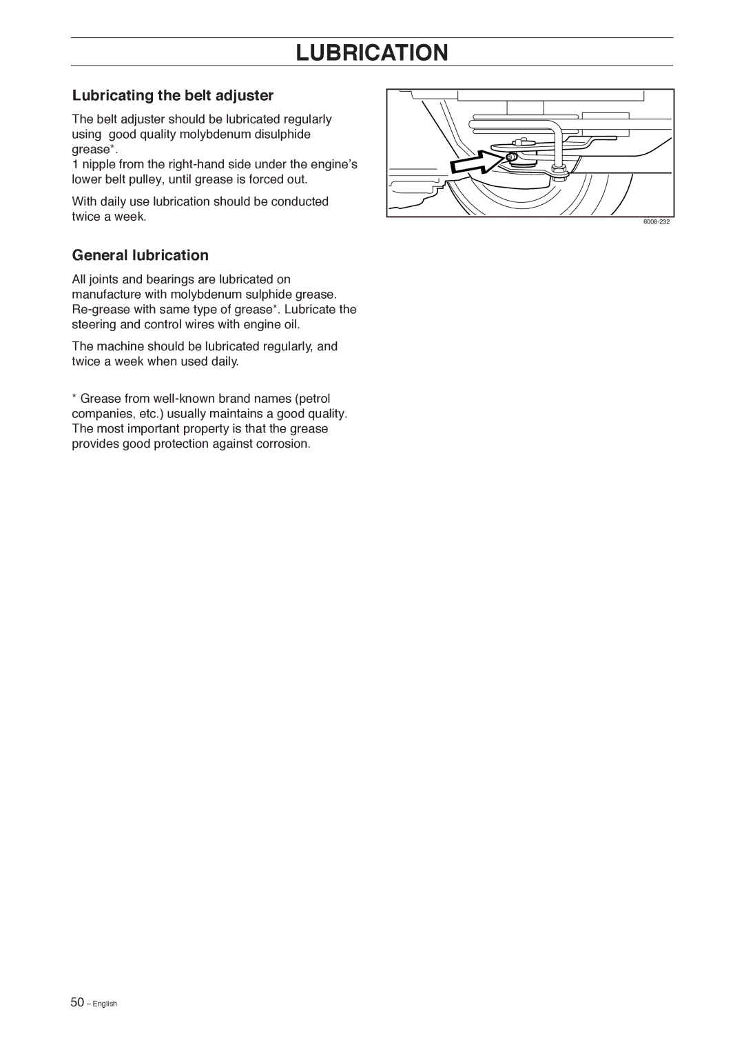 Husqvarna 155, 155 AWD manual Lubricating the belt adjuster, General lubrication 