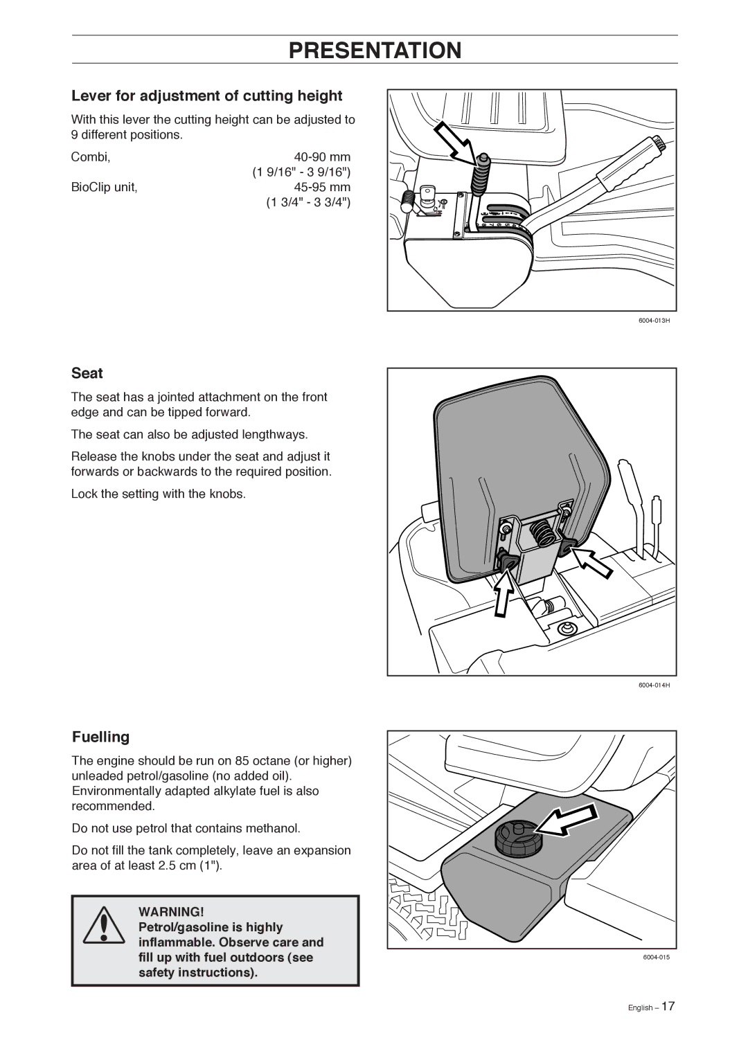 Husqvarna 155 manual Lever for adjustment of cutting height, Seat, Fuelling 