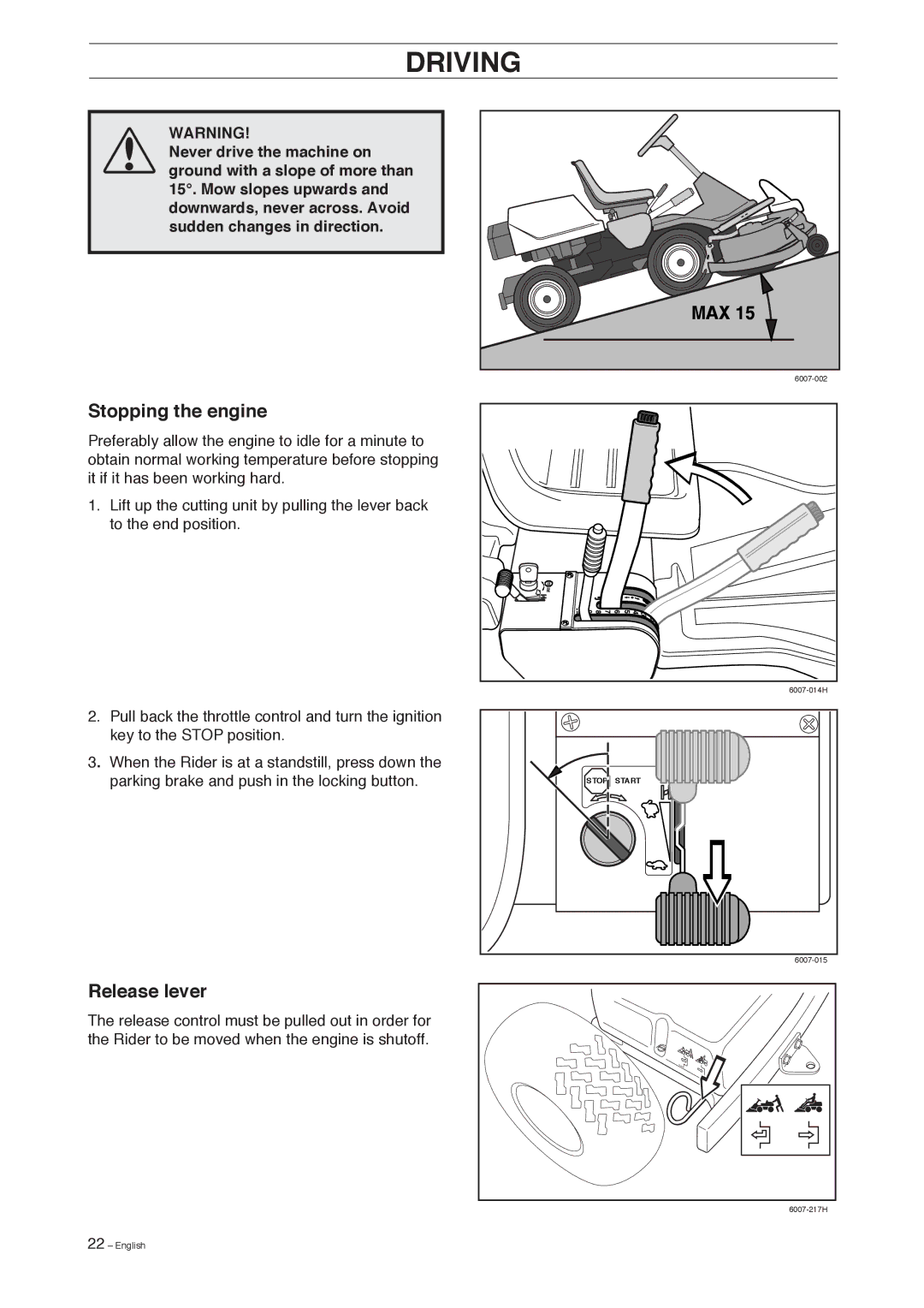 Husqvarna 155 manual Stopping the engine, Release lever 