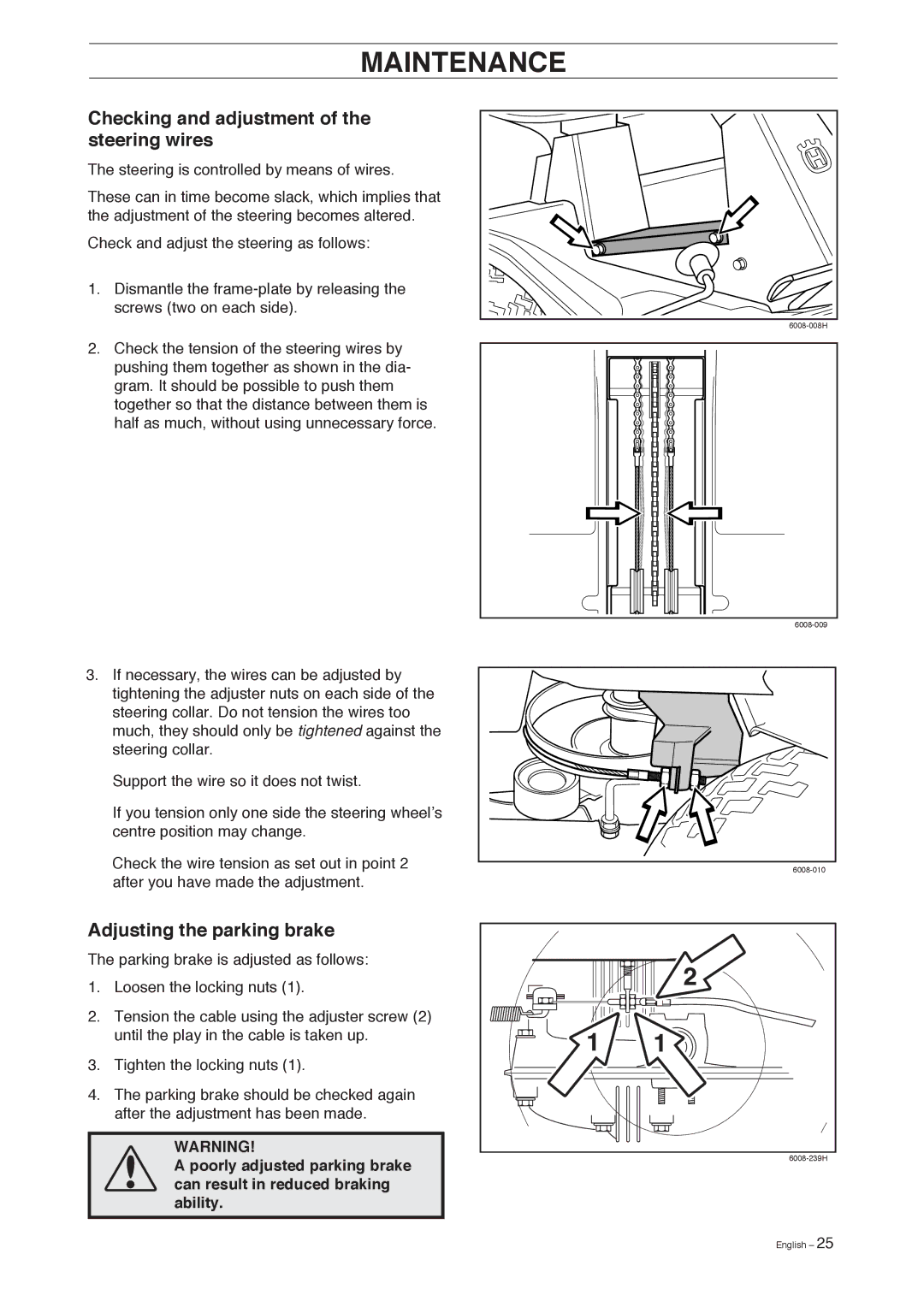 Husqvarna 155 manual Checking and adjustment of the steering wires, Adjusting the parking brake 