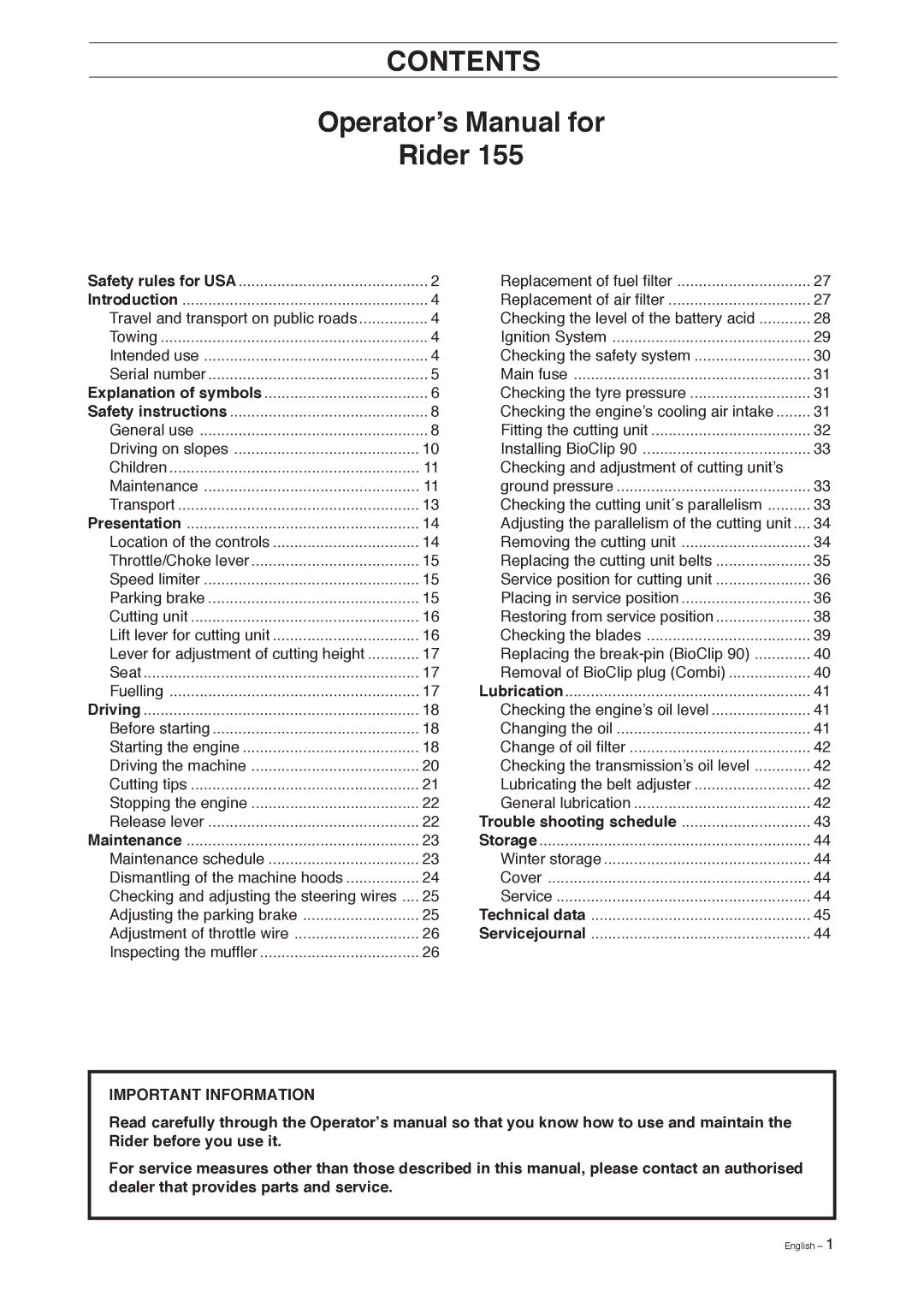 Husqvarna 155 manual Contents 