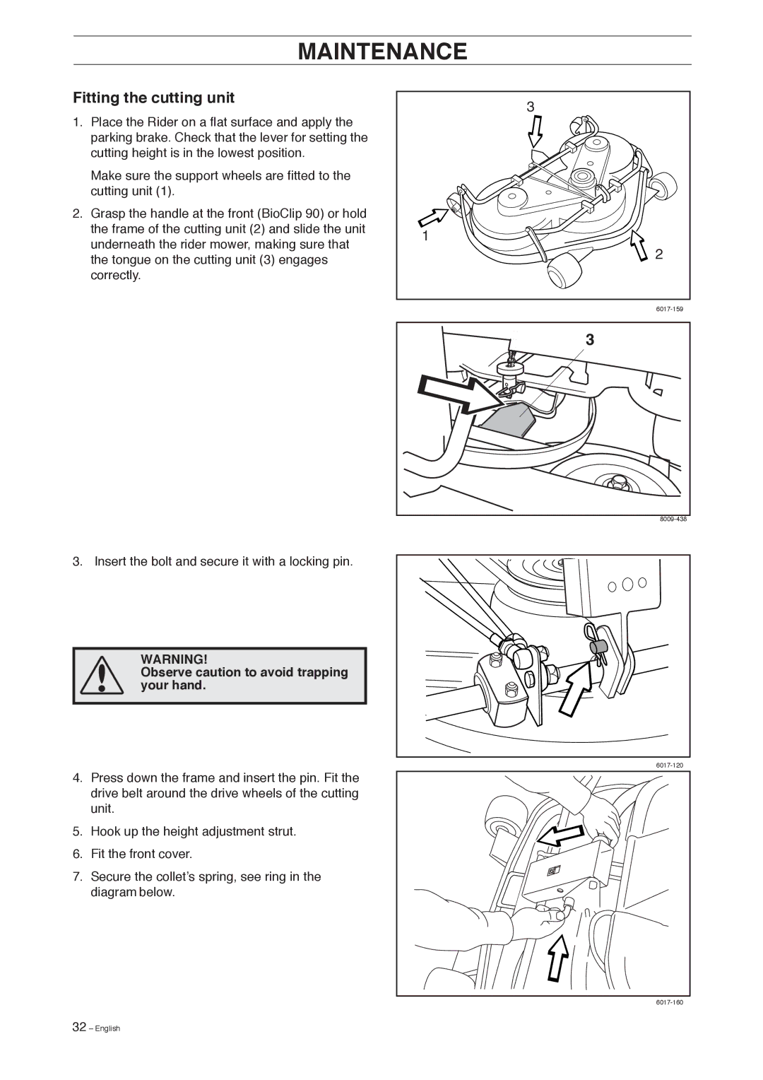 Husqvarna 155 manual Fitting the cutting unit, Observe caution to avoid trapping your hand 