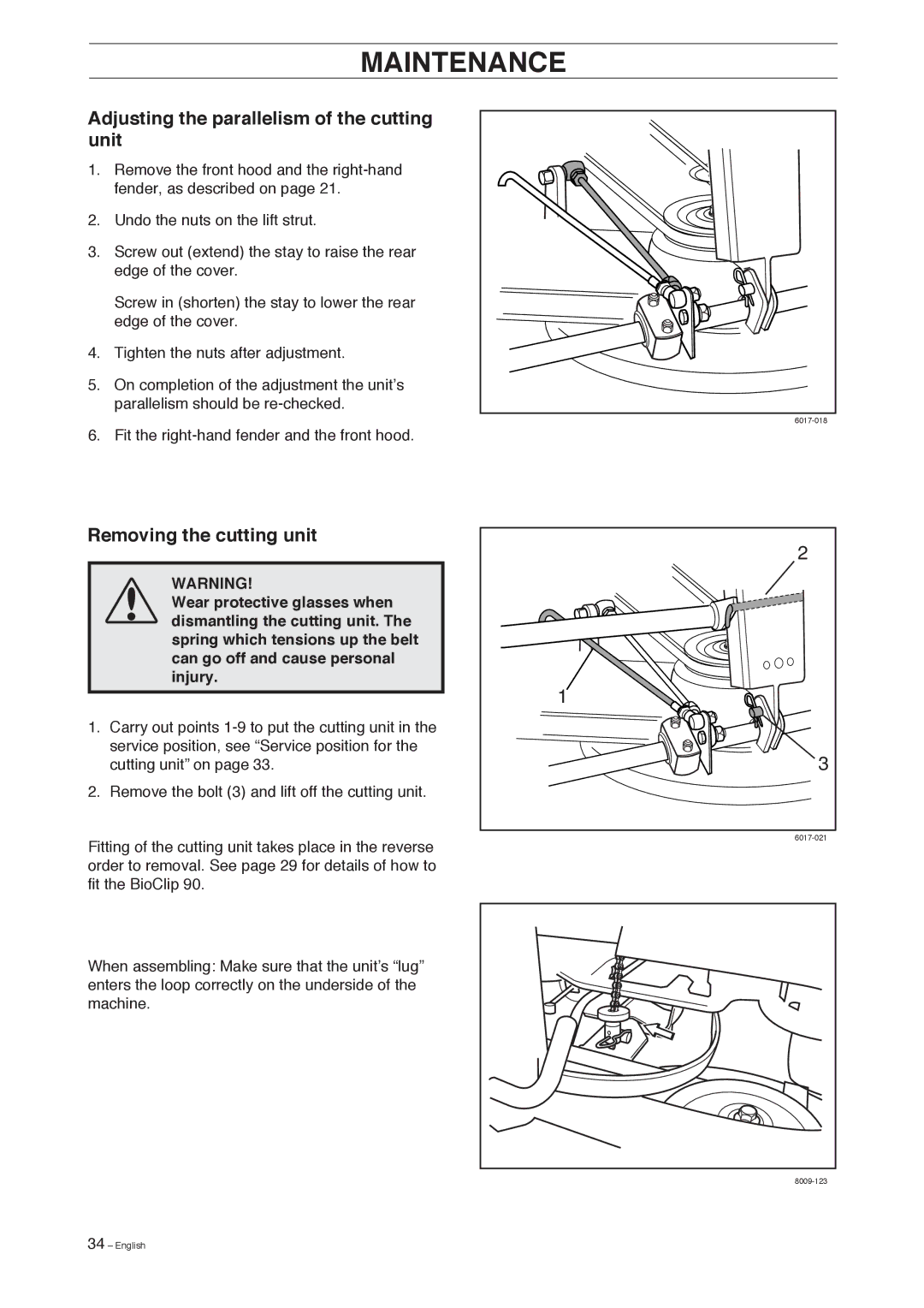 Husqvarna 155 manual Adjusting the parallelism of the cutting unit, Removing the cutting unit 