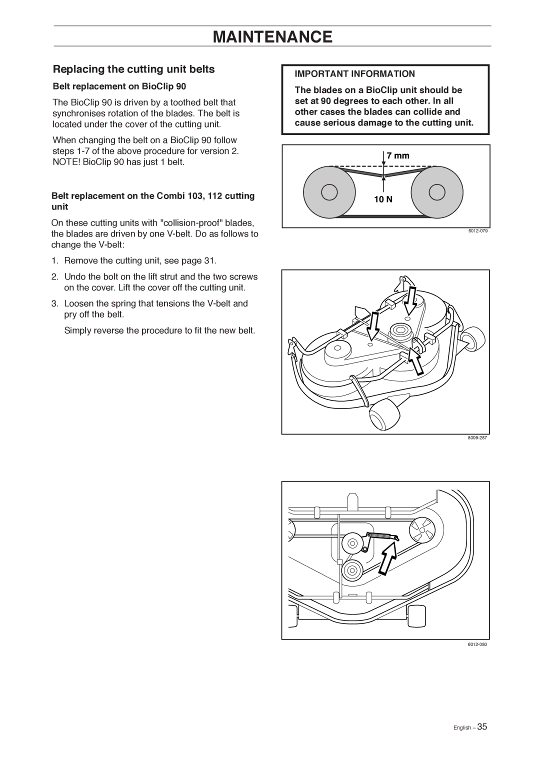 Husqvarna 155 manual Replacing the cutting unit belts, Belt replacement on BioClip 