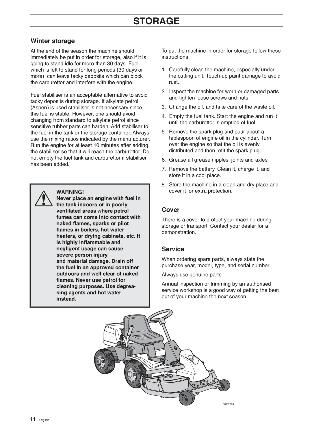 Husqvarna 155 manual Storage, Winter storage, Cover, Service 