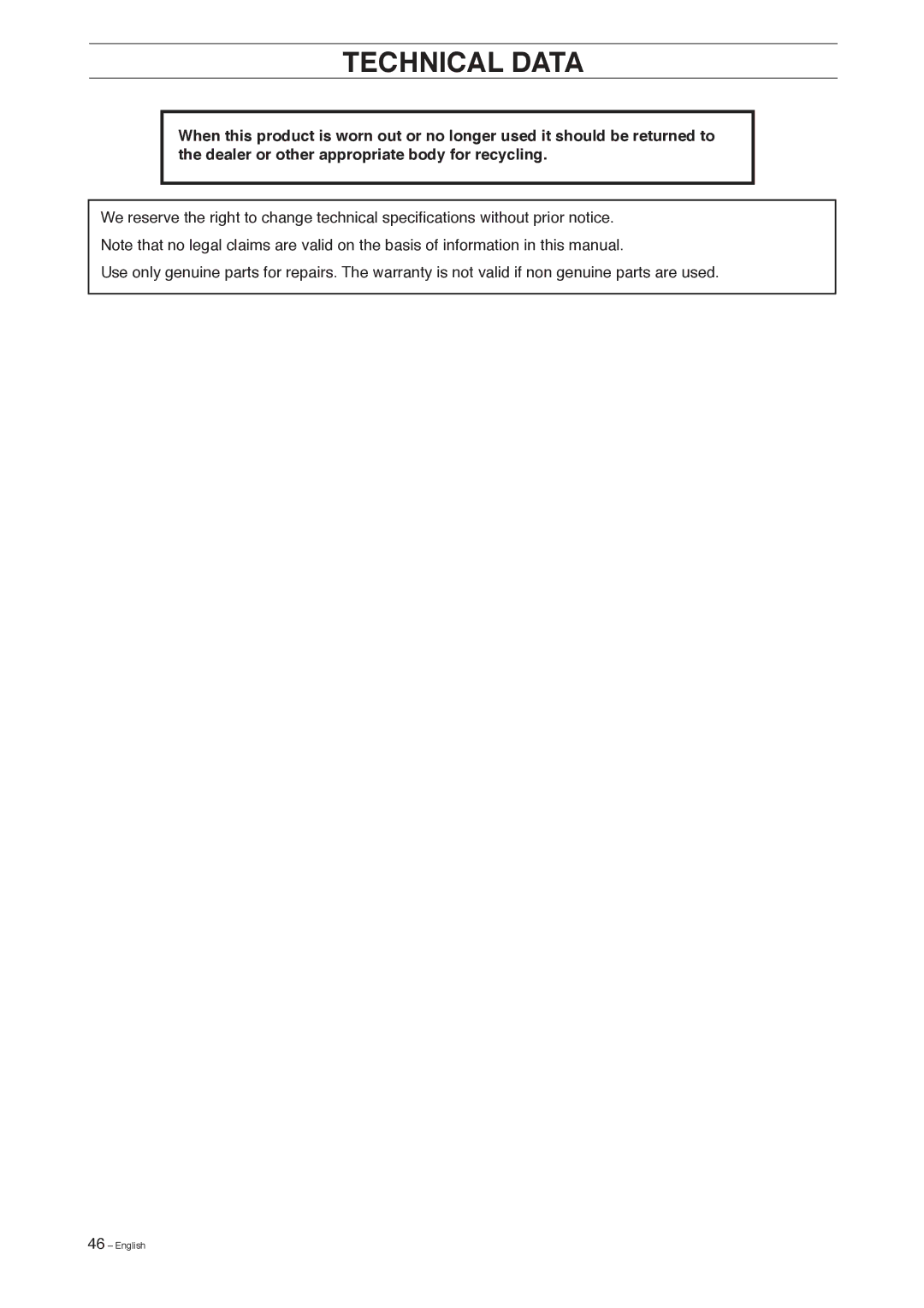 Husqvarna 155 manual Technical Data 