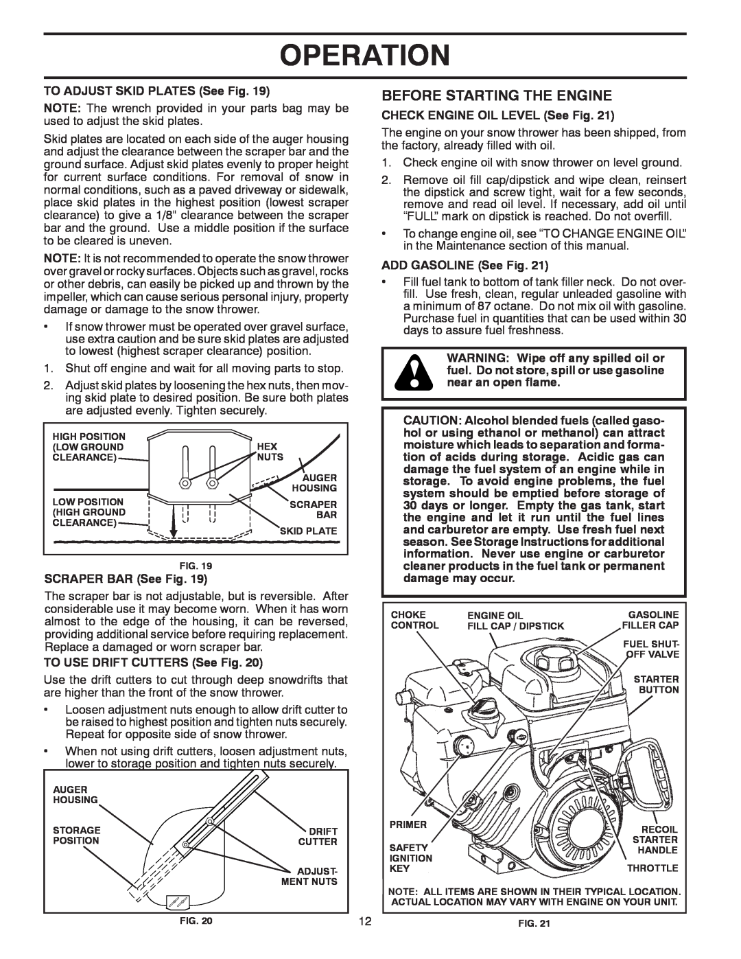 Husqvarna 15530SB-LS manual Before Starting The Engine, Operation, TO ADJUST SKID PLATES See Fig, SCRAPER BAR See Fig 