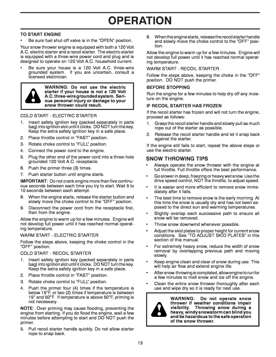 Husqvarna 15530SB-LS manual Snow Throwing Tips, Operation, To Start Engine, Before Stopping, If Recoil Starter Has Frozen 