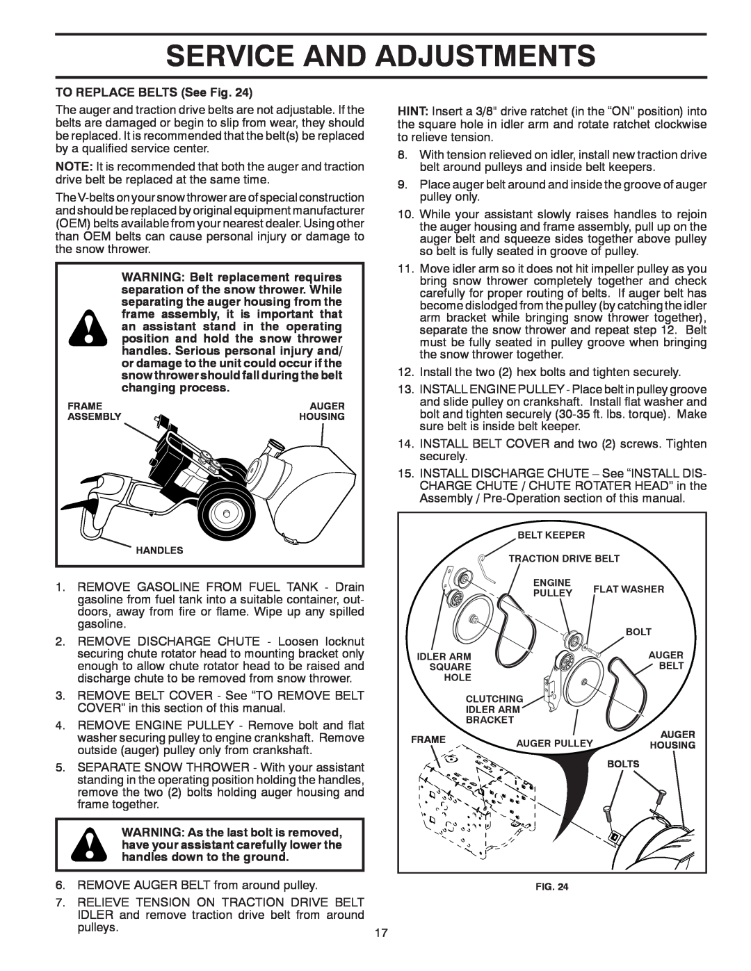 Husqvarna 15530SB-LS manual Service And Adjustments, TO REPLACE BELTS See Fig 