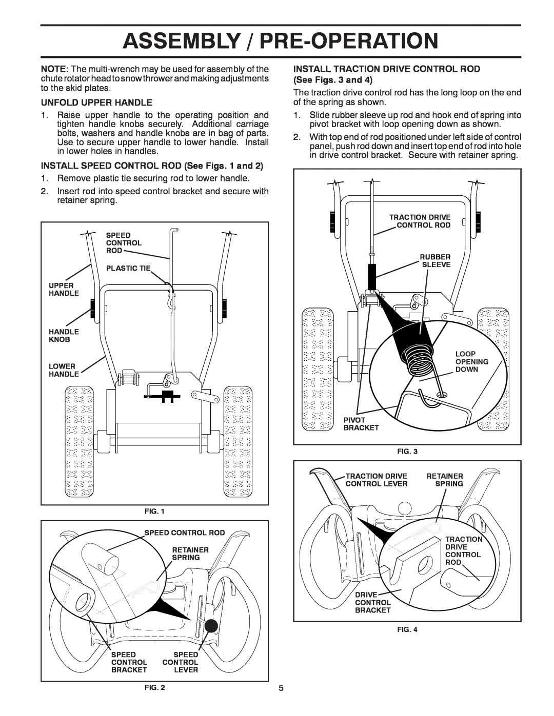 Husqvarna 15530SB-LS manual Assembly / Pre-Operation, Unfold Upper Handle, INSTALL SPEED CONTROL ROD See Figs. 1 and 