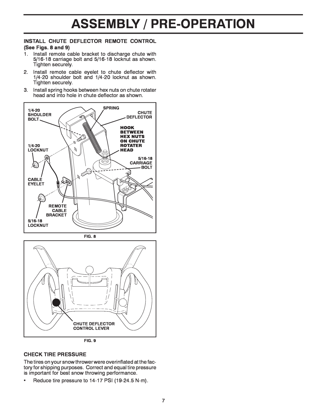 Husqvarna 15530SB-LS Assembly / Pre-Operation, INSTALL CHUTE DEFLECTOR REMOTE CONTROL See Figs. 8 and, Check Tire Pressure 