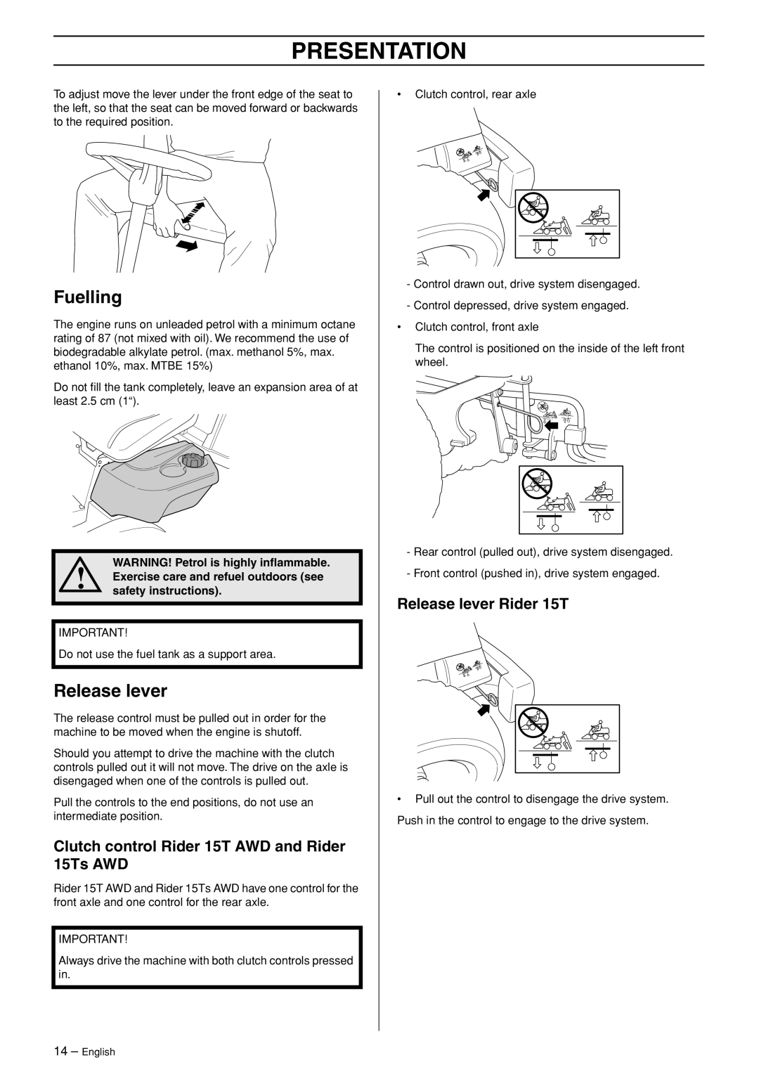 Husqvarna manual Fuelling, Clutch control Rider 15T AWD and Rider 15Ts AWD, Release lever Rider 15T 