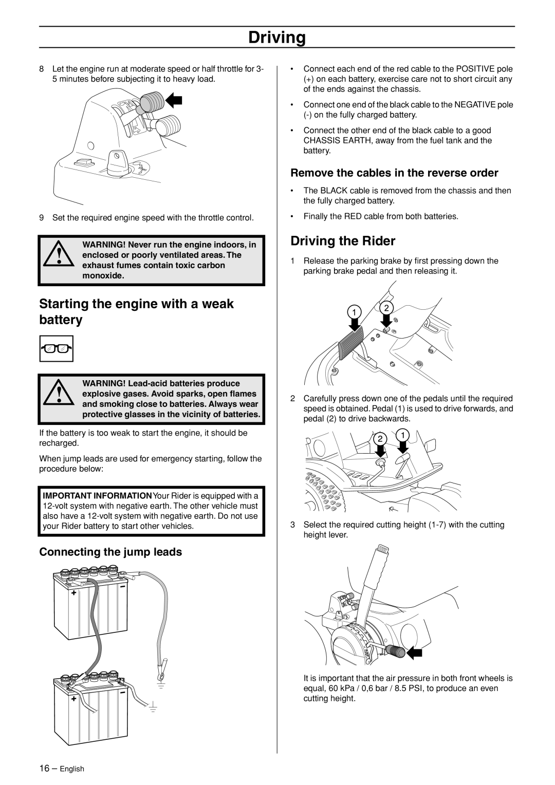 Husqvarna 15T AWD, 15Ts AWD manual Starting the engine with a weak battery, Driving the Rider, Connecting the jump leads 