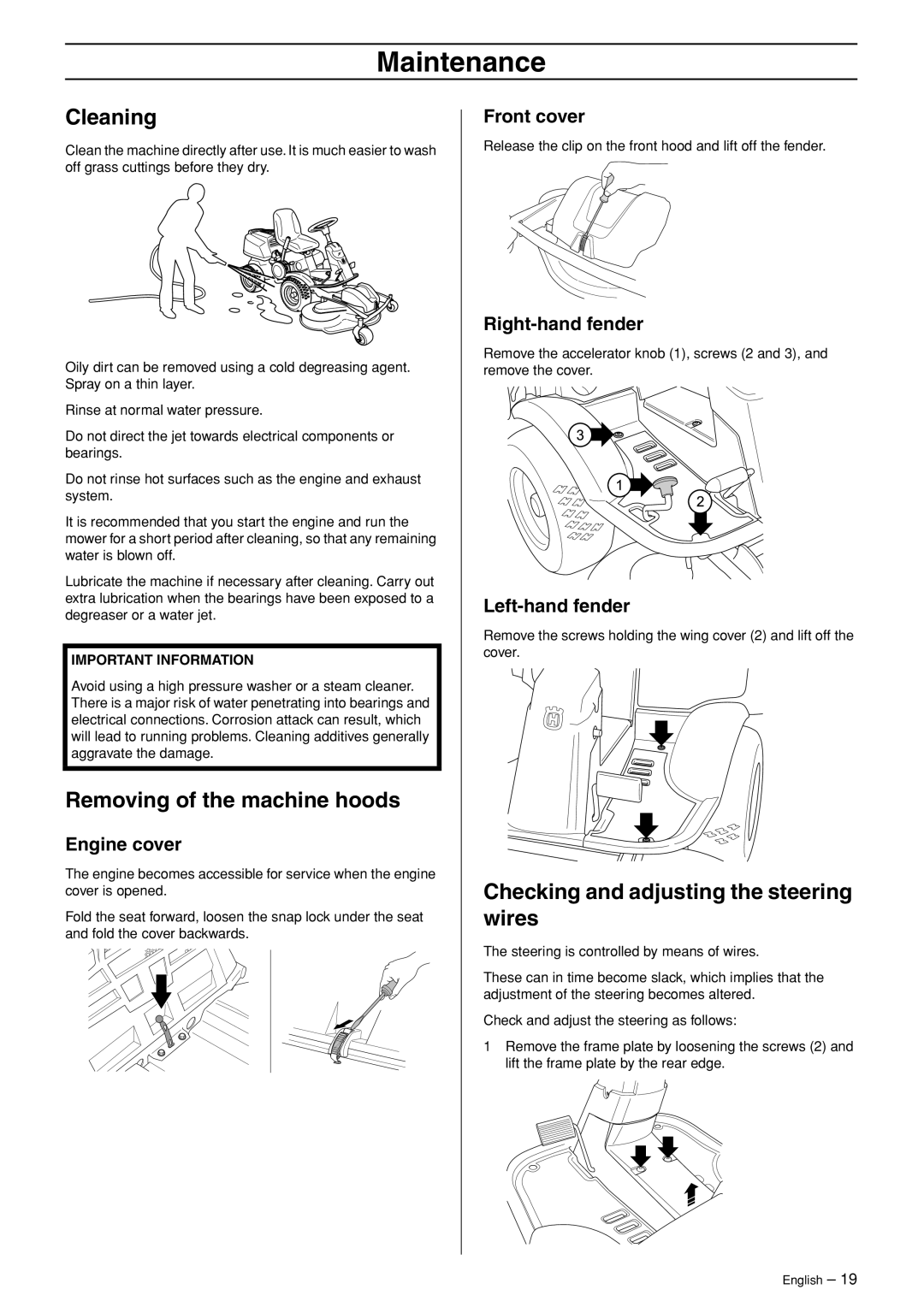 Husqvarna 15T AWD, 15Ts AWD manual Cleaning, Removing of the machine hoods, Checking and adjusting the steering wires 