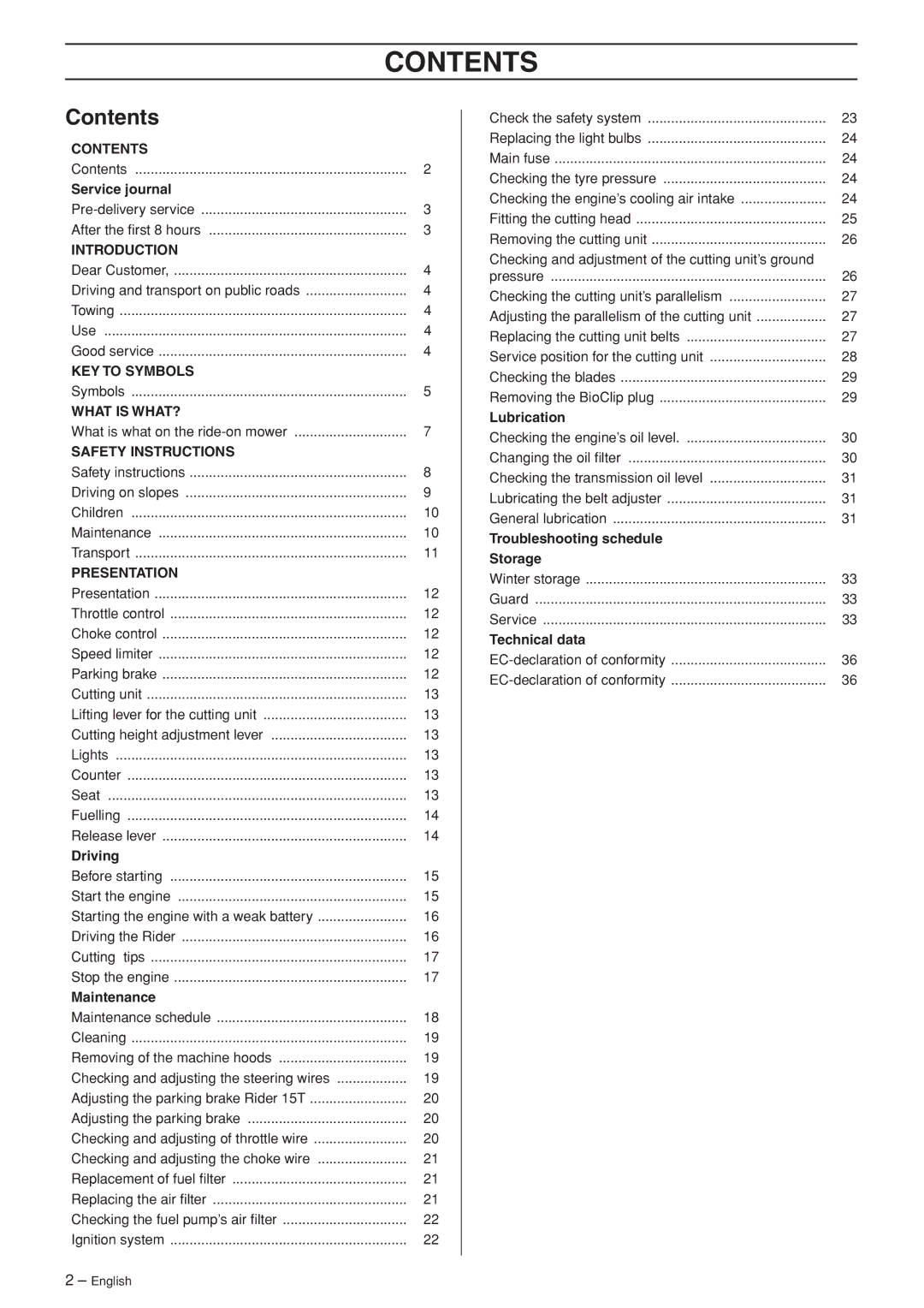 Husqvarna 15Ts AWD, 15T AWD manual Contents 