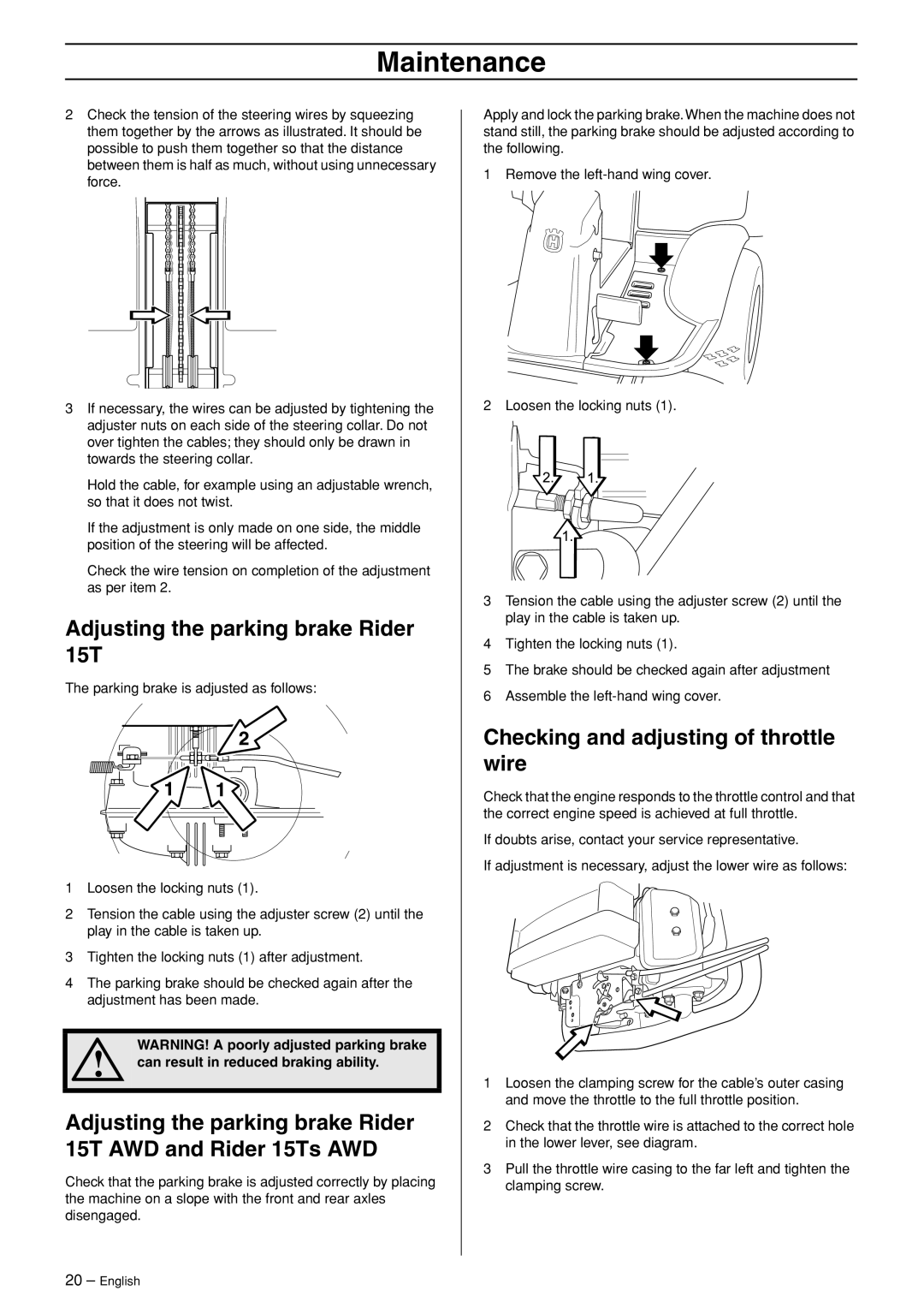 Husqvarna 15Ts AWD, 15T AWD manual Adjusting the parking brake Rider 15T, Checking and adjusting of throttle wire 