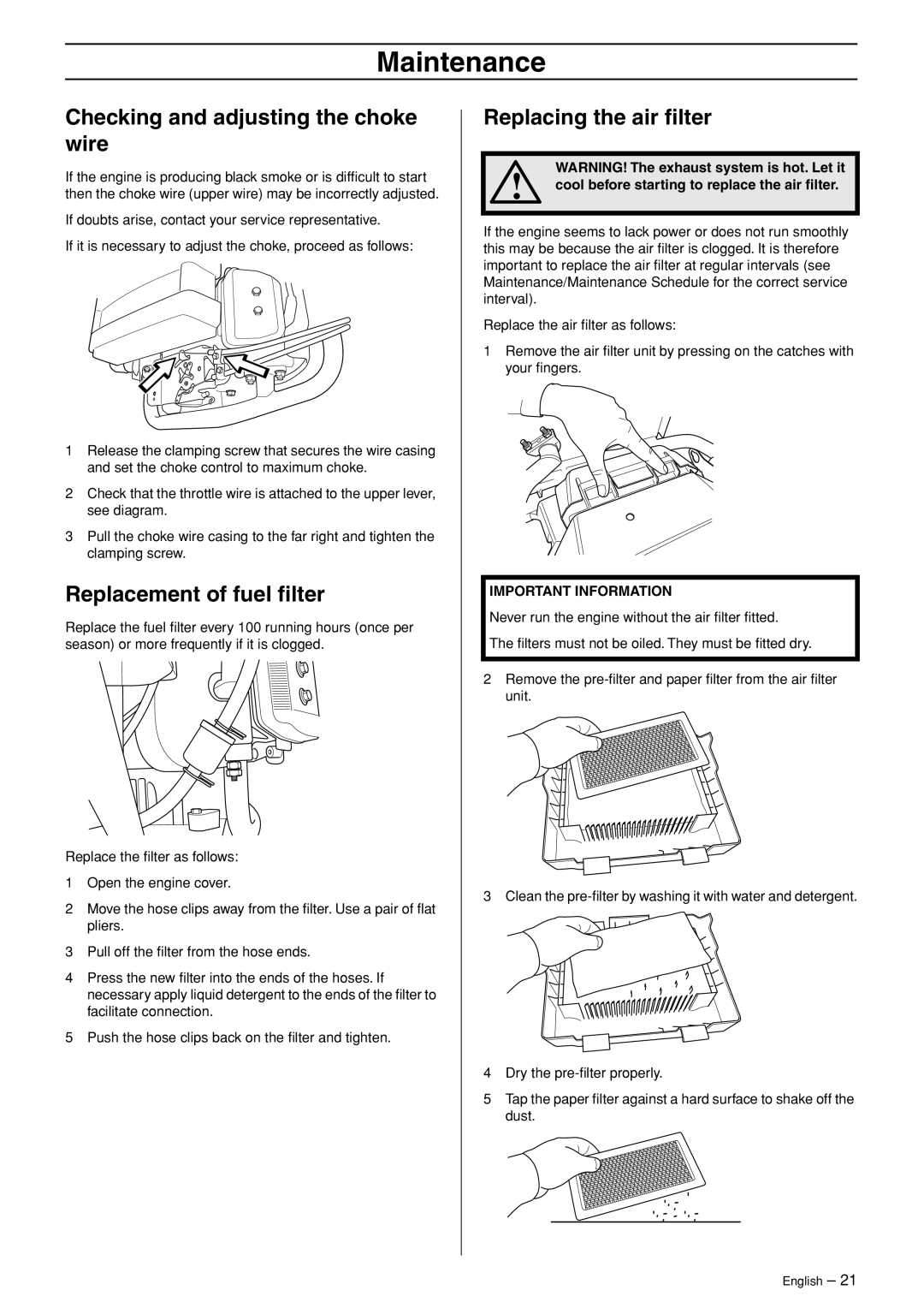 Husqvarna 15T AWD, 15Ts AWD Checking and adjusting the choke wire, Replacement of fuel ﬁlter, Replacing the air ﬁlter 