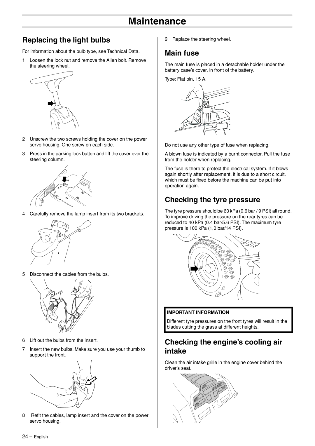 Husqvarna 15T Replacing the light bulbs, Main fuse, Checking the tyre pressure, Checking the engine’s cooling air intake 