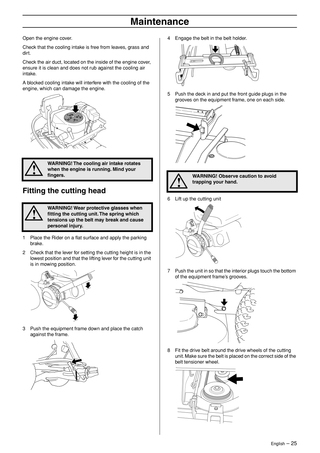 Husqvarna 15T AWD, 15Ts AWD Fitting the cutting head, When the engine is running. Mind your ﬁngers, Trapping your hand 