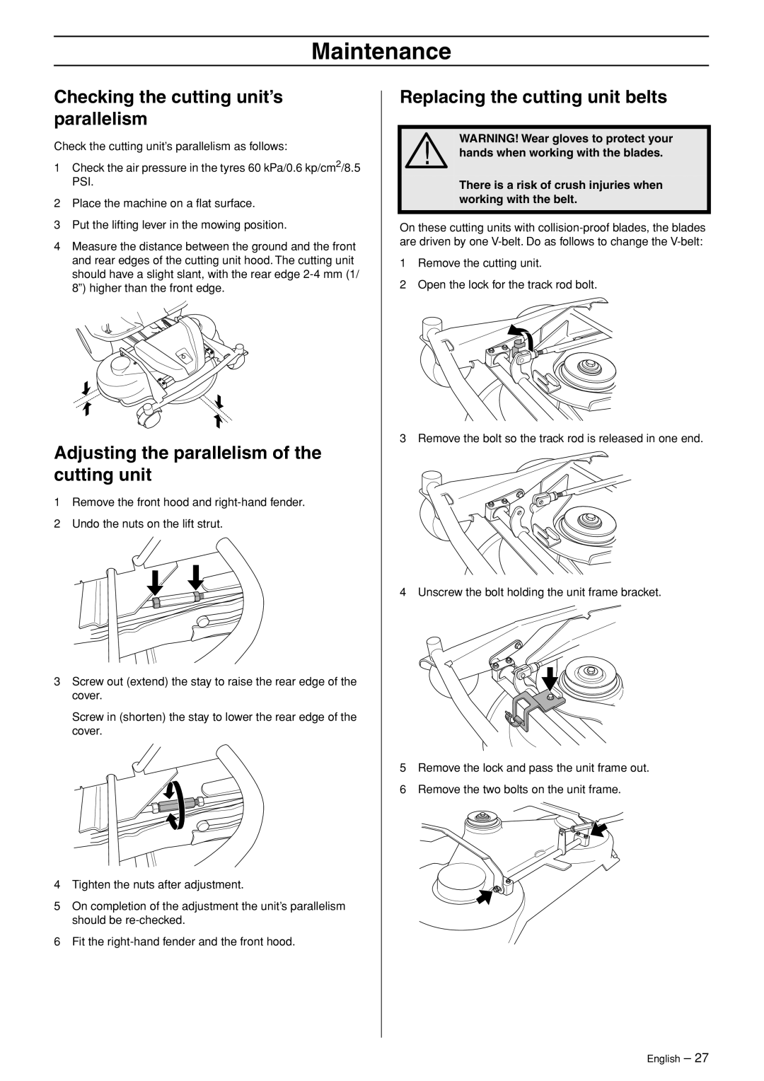 Husqvarna 15T AWD, 15Ts AWD manual Checking the cutting unit’s parallelism, Adjusting the parallelism of the cutting unit 