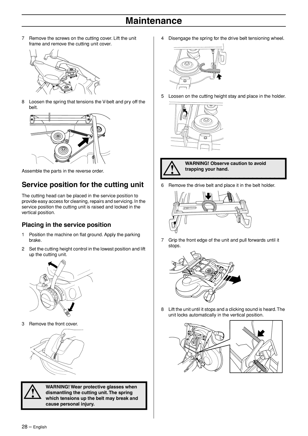 Husqvarna 15T AWD, 15Ts AWD manual Service position for the cutting unit, Placing in the service position 