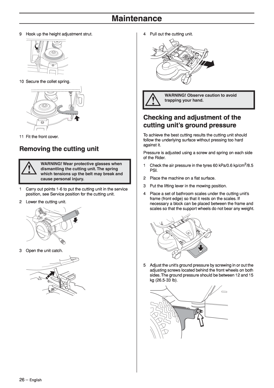 Husqvarna 15Ts AWD manual Removing the cutting unit, Maintenance, WARNING! Wear protective glasses when, trapping your hand 