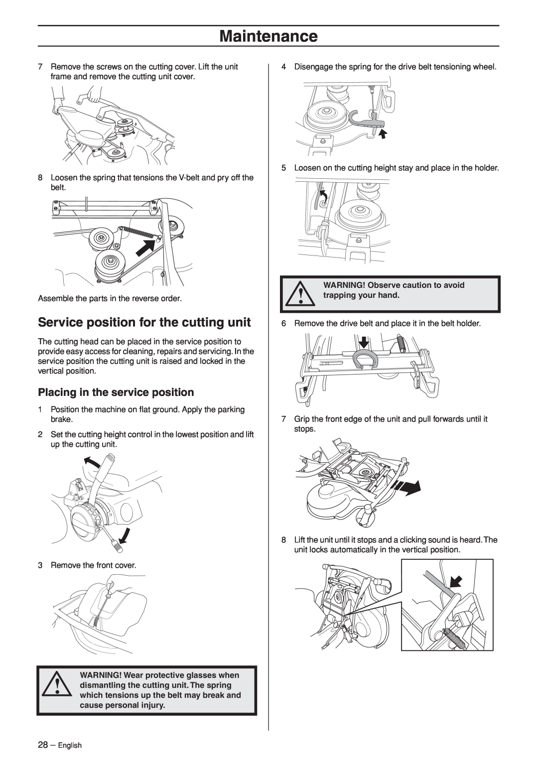 Husqvarna 15T AWD Service position for the cutting unit, Placing in the service position, Maintenance, trapping your hand 