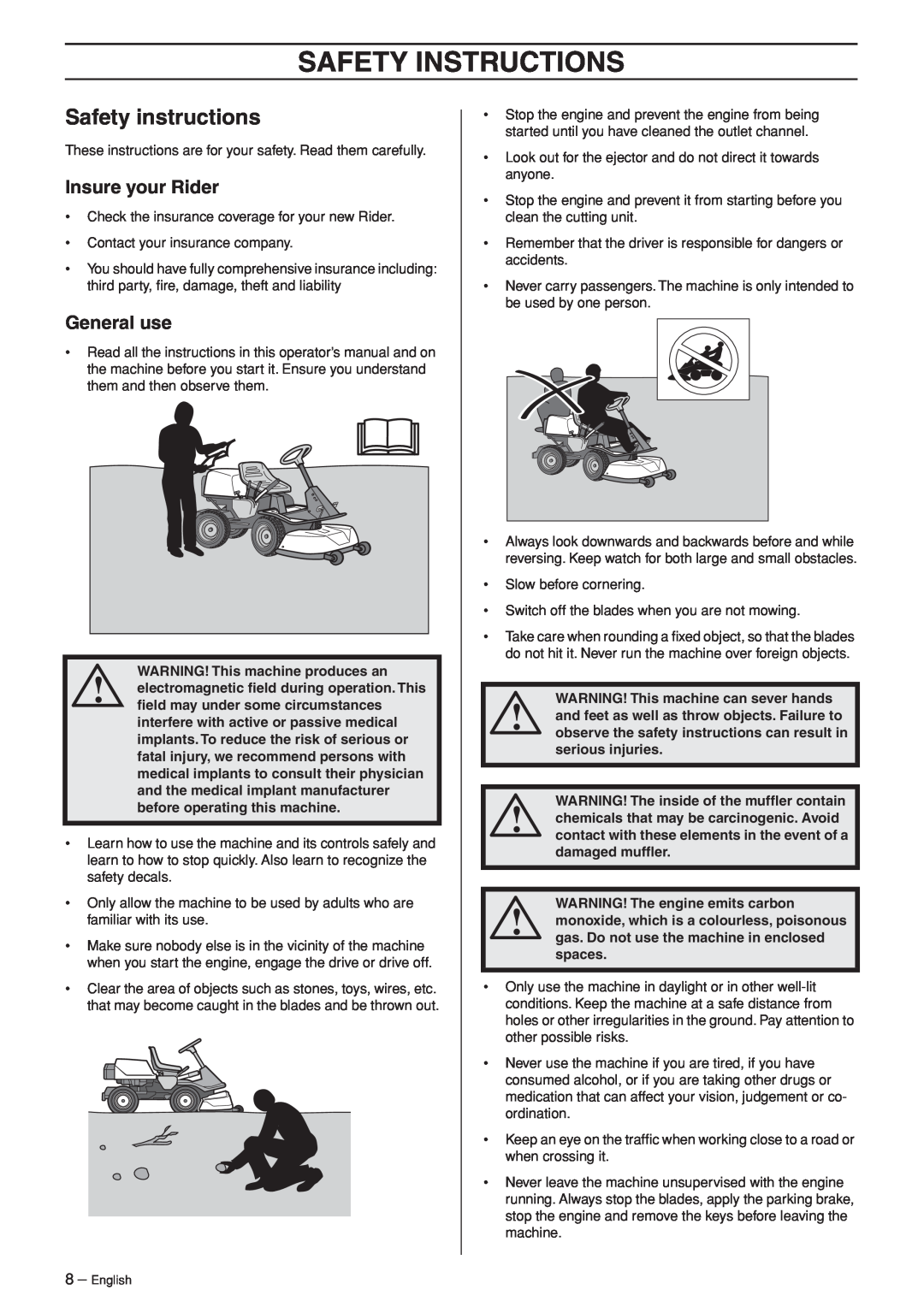 Husqvarna 15Ts AWD Safety Instructions, Safety instructions, Insure your Rider, General use, serious injuries, spaces 
