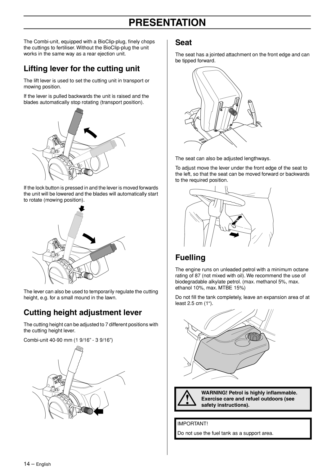 Husqvarna 15V2 AWD manual Lifting lever for the cutting unit, Cutting height adjustment lever, Seat, Fuelling 