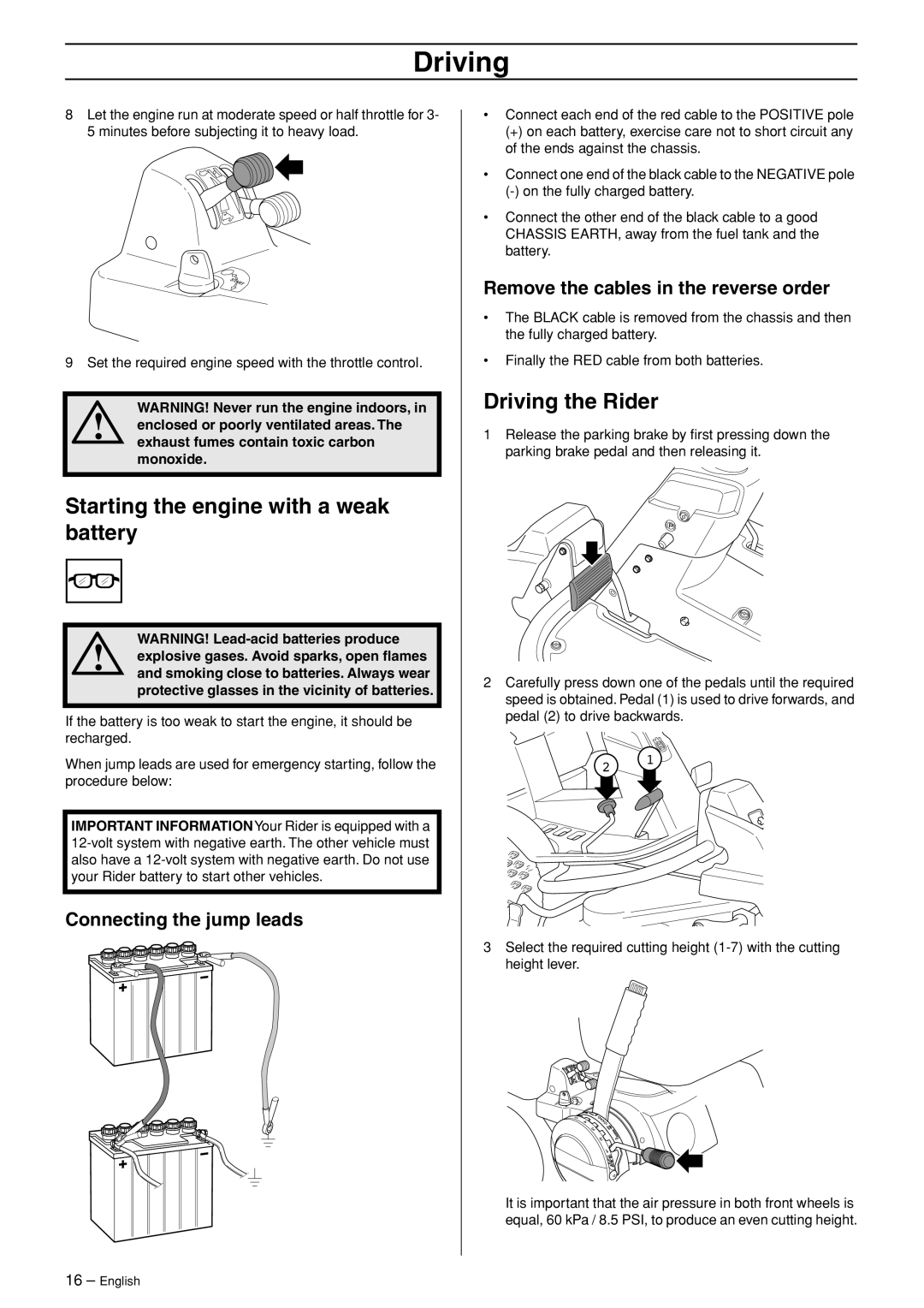 Husqvarna 15V2 AWD manual Starting the engine with a weak battery, Driving the Rider, Connecting the jump leads 