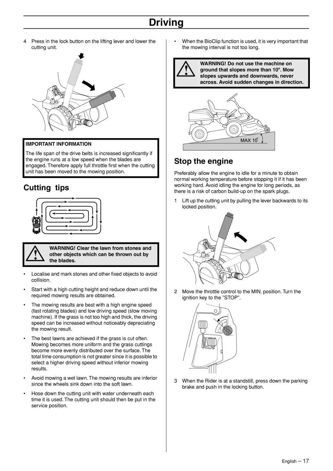 Husqvarna 15V2 AWD manual Cutting tips, Stop the engine, Other objects which can be thrown out by the blades 