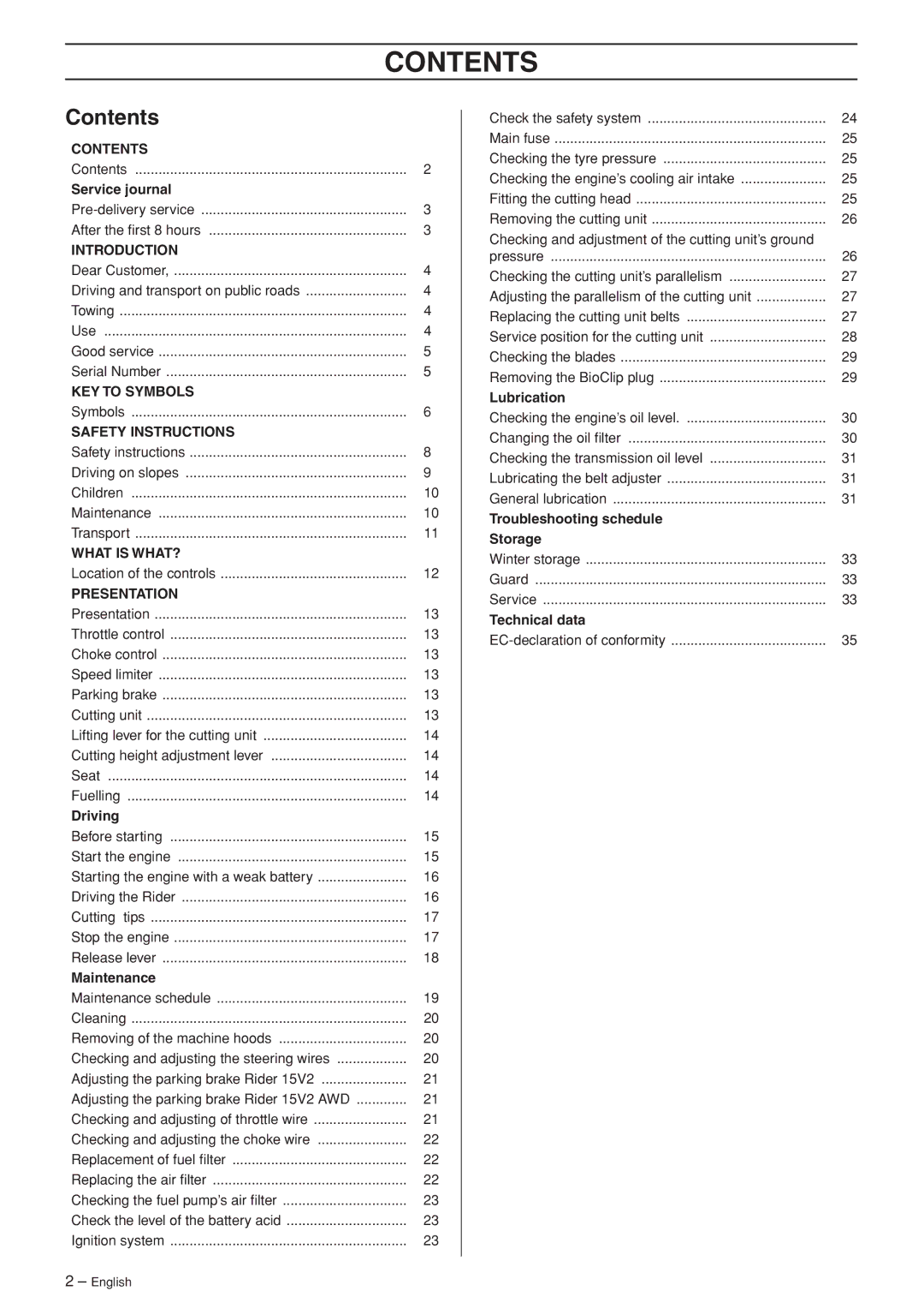 Husqvarna 15V2 AWD manual Contents 