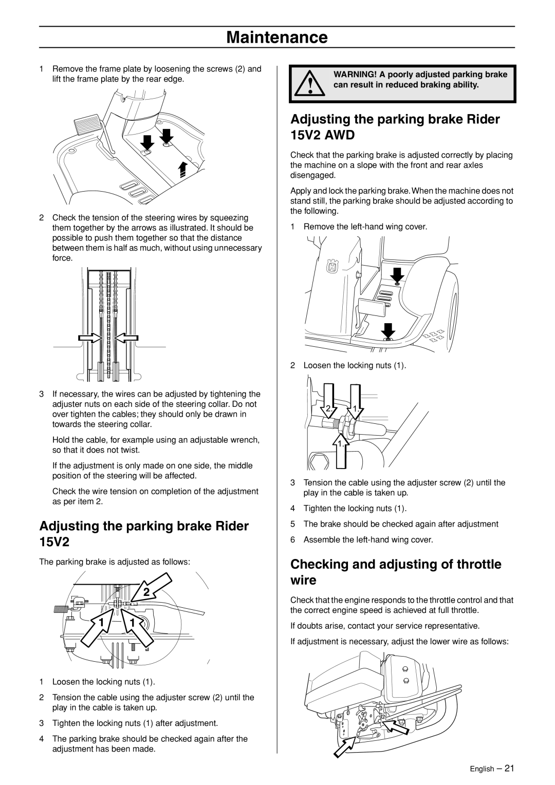 Husqvarna manual Adjusting the parking brake Rider 15V2 AWD, Checking and adjusting of throttle wire 