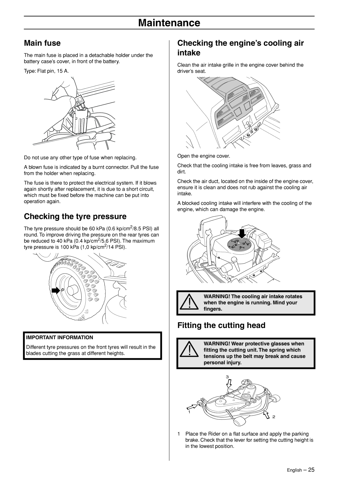 Husqvarna 15V2 AWD manual Main fuse, Checking the tyre pressure, Checking the engine’s cooling air intake 