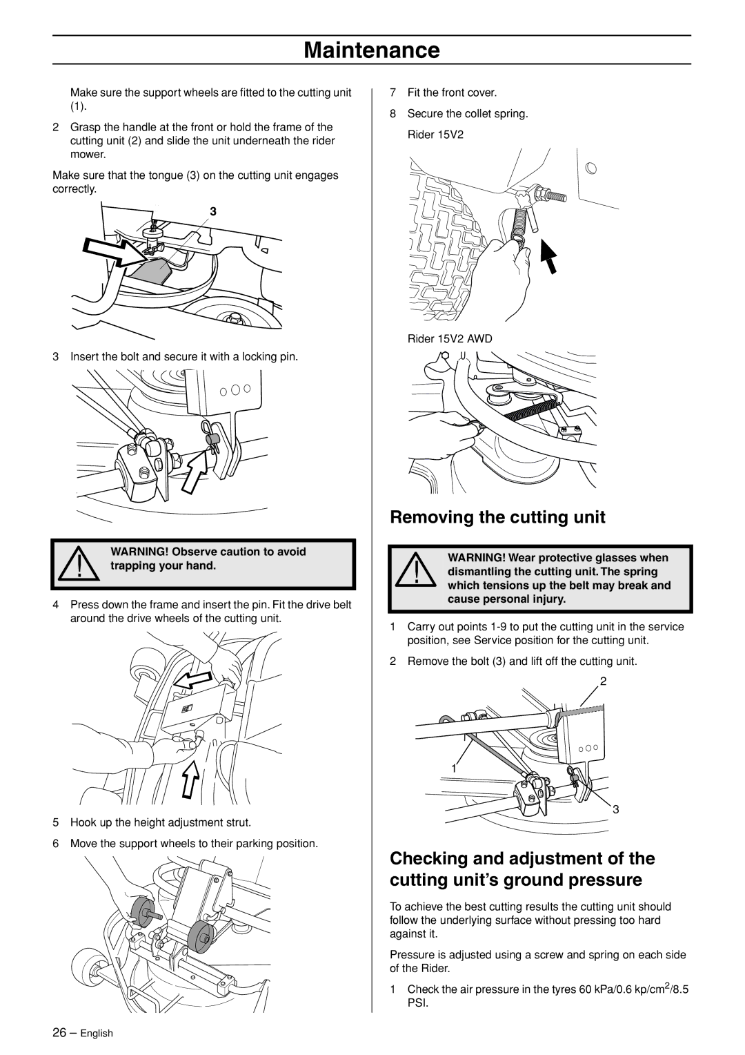 Husqvarna 15V2 AWD manual Removing the cutting unit, Trapping your hand 