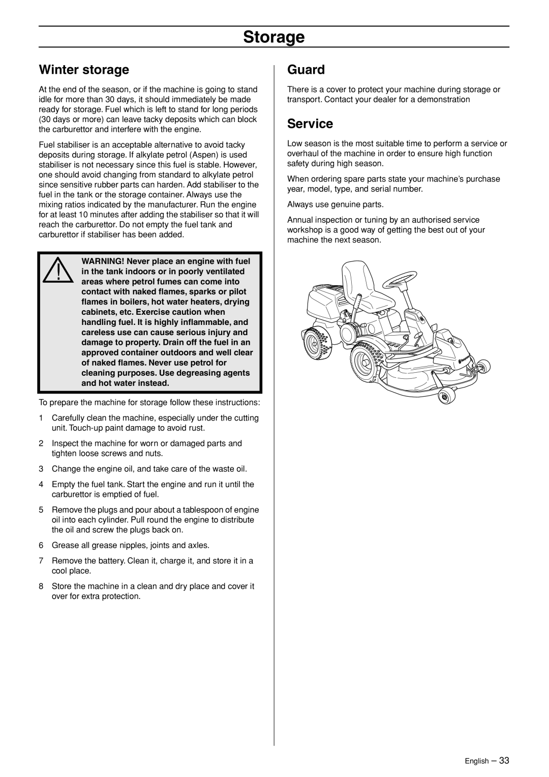 Husqvarna 15V2 AWD manual Storage, Winter storage, Guard, Service 