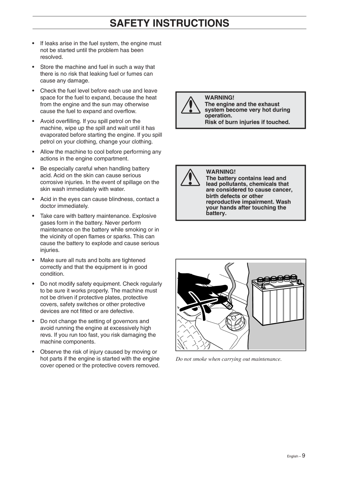 Husqvarna 15V2 manual Do not smoke when carrying out maintenance 