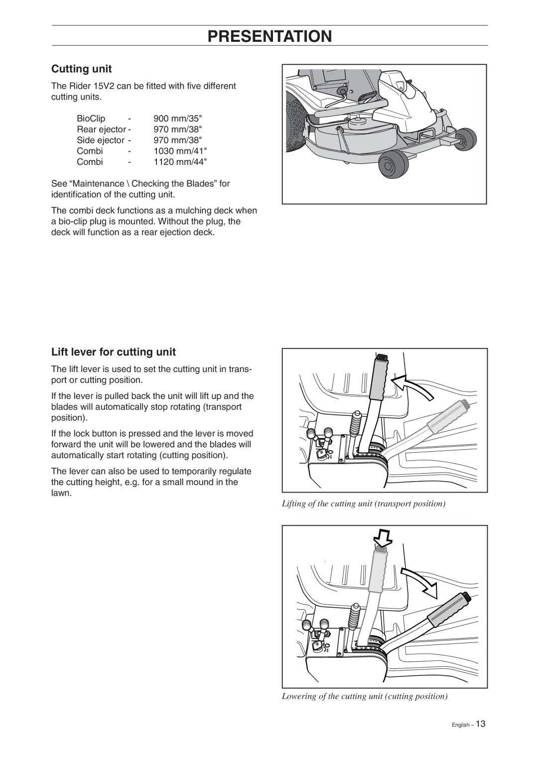 Husqvarna 15V2 manual Cutting unit, Lift lever for cutting unit 