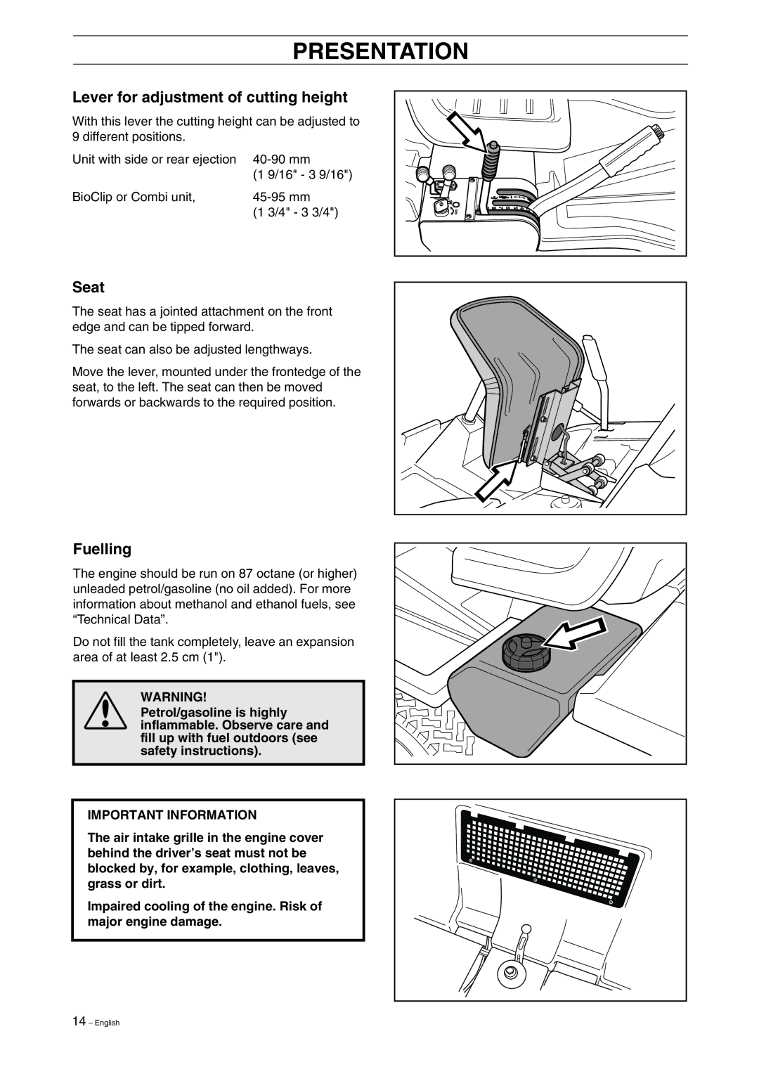 Husqvarna 15V2 manual Lever for adjustment of cutting height, Seat, Fuelling 