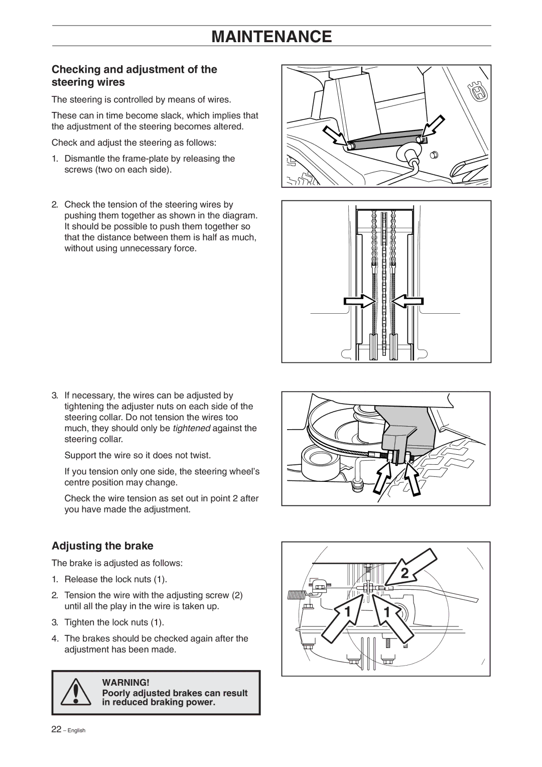 Husqvarna 15V2 manual Checking and adjustment of the steering wires, Adjusting the brake 