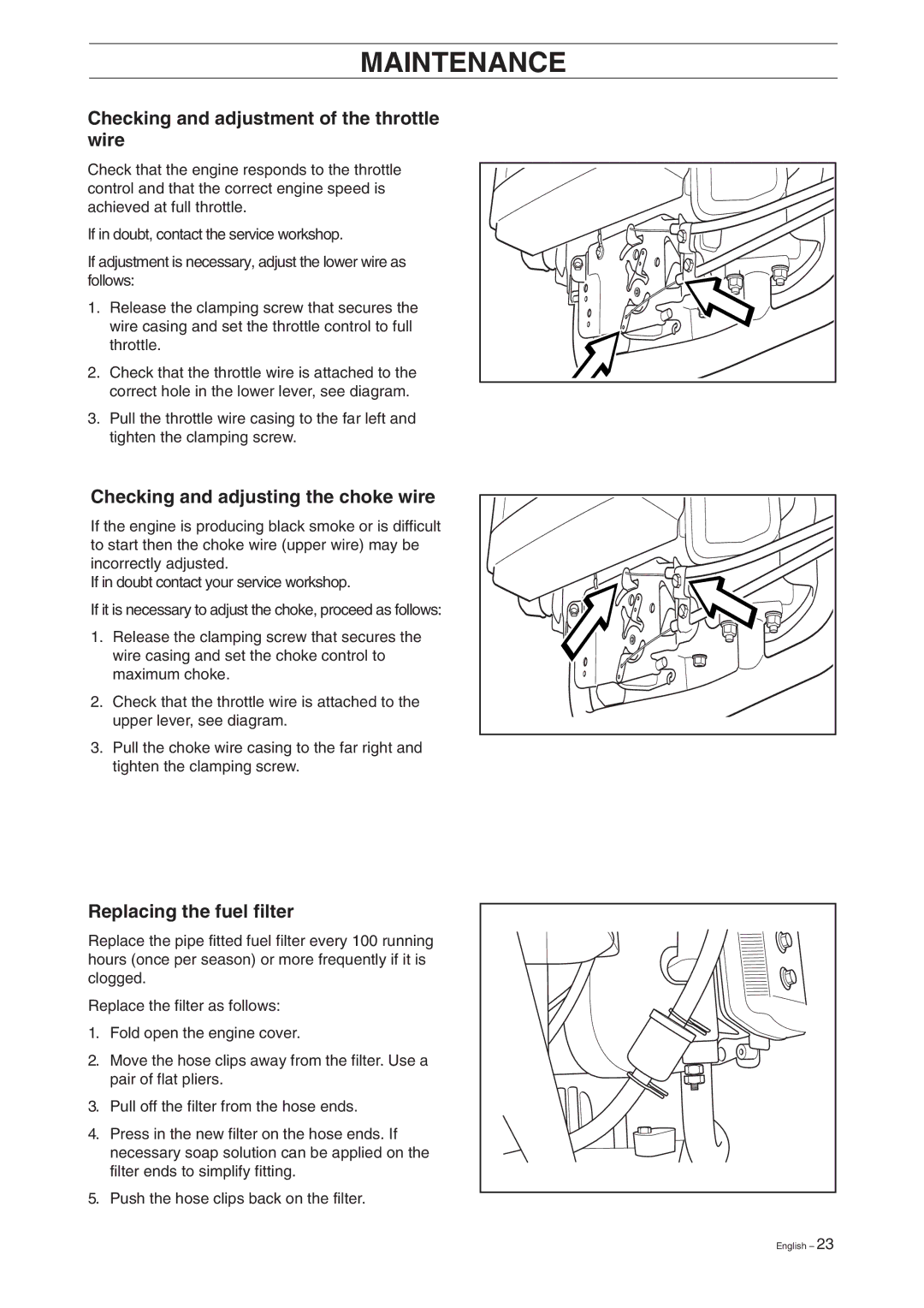 Husqvarna 15V2 manual Checking and adjustment of the throttle wire, Checking and adjusting the choke wire 