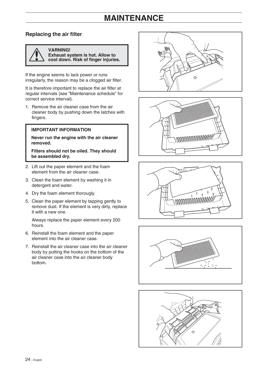 Husqvarna 15V2 manual Replacing the air filter, Varning 