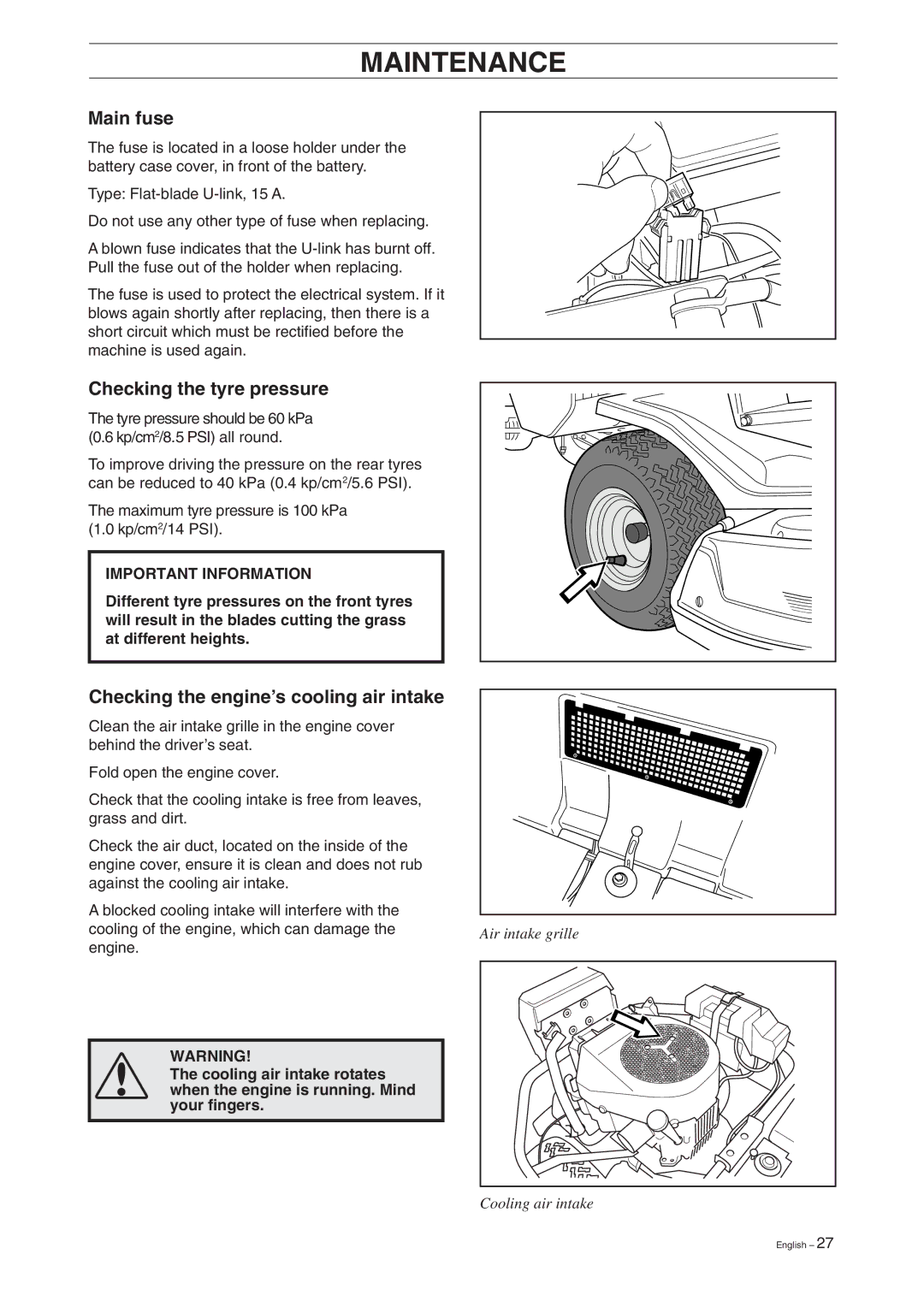 Husqvarna 15V2 manual Main fuse, Checking the tyre pressure, Checking the engine’s cooling air intake 