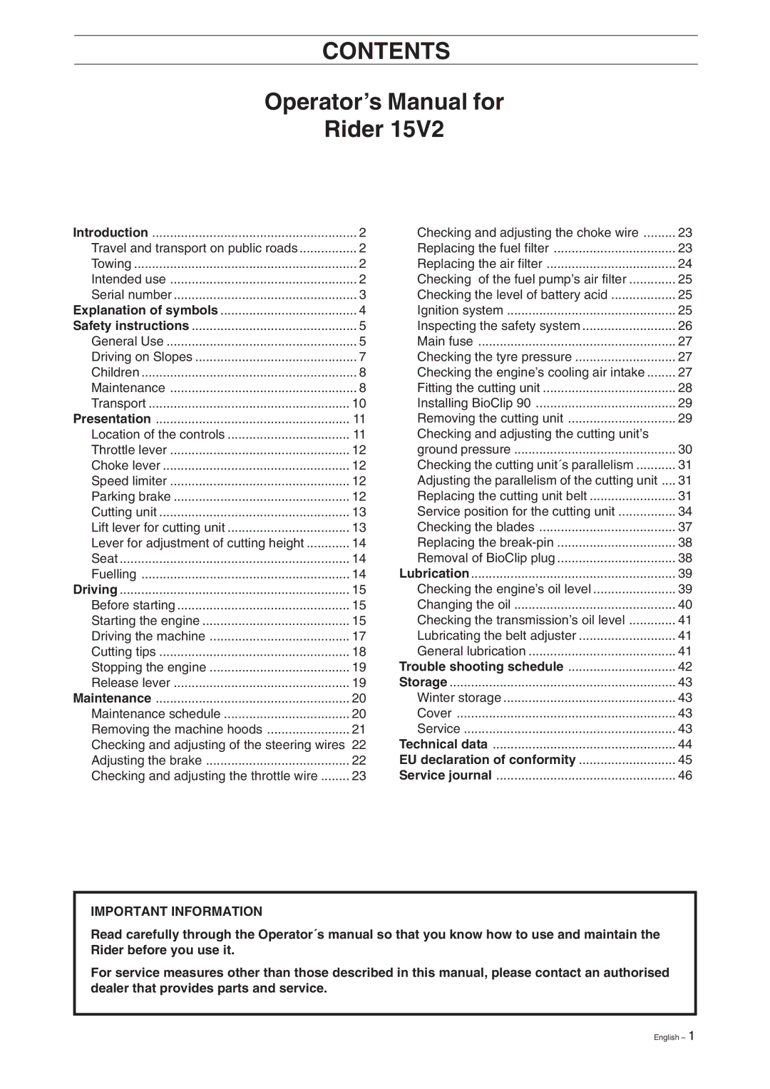 Husqvarna 15V2 manual Contents 