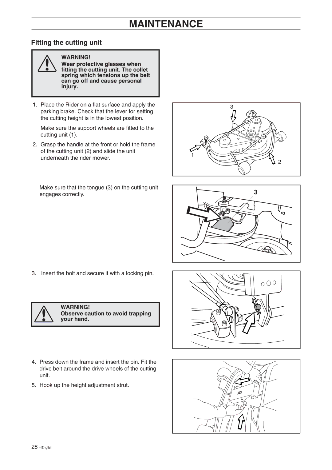 Husqvarna 15V2 manual Fitting the cutting unit, Observe caution to avoid trapping your hand 